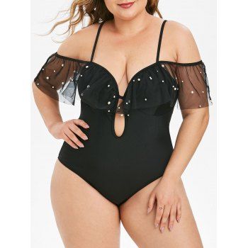 

Plus Size Beading Mesh Flounce One-piece Swimsuit, Black