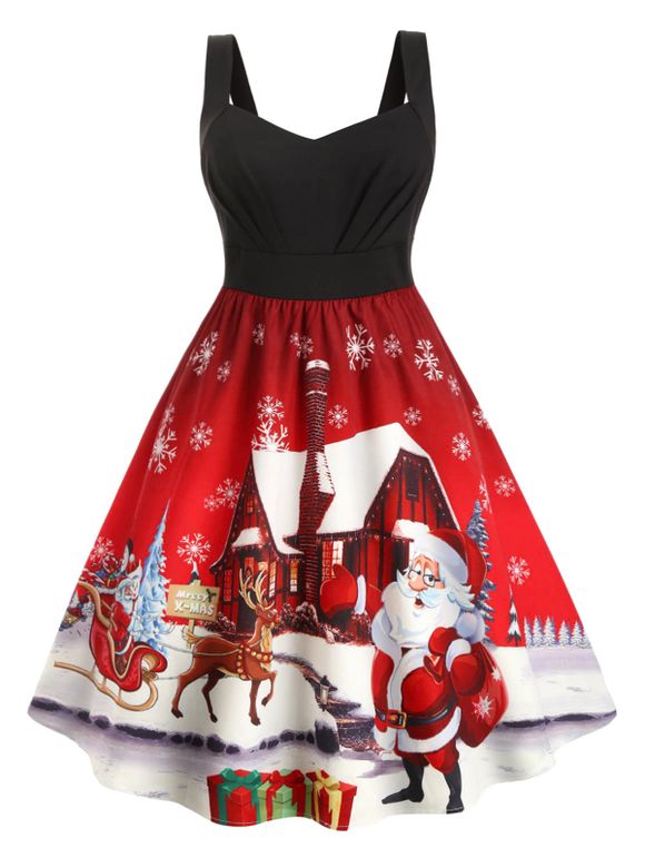 Robe de Noël Flocon de Neige et Bonhomme de Neige Grande Taille - Rouge 5X