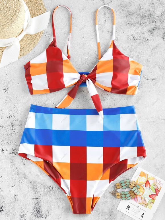 Maillot de Bain Bikini Matelassé Noué en Avant à Carreaux Imprimé - multicolor A 3XL