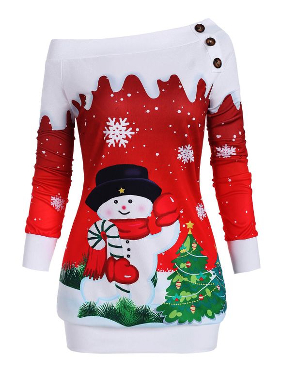 Sweat-shirt Imprimé Bonhomme de Neige et Sapin de Noël à Une Épaule Grande Taille - Rouge 3X