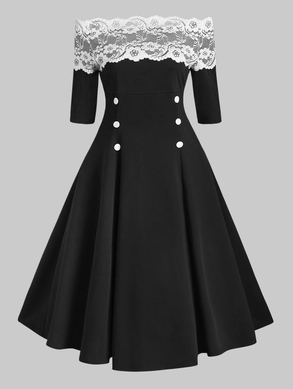 Robe Fleur en Dentelle Embelli de Bouton à Epaule Dénudée - Noir XL
