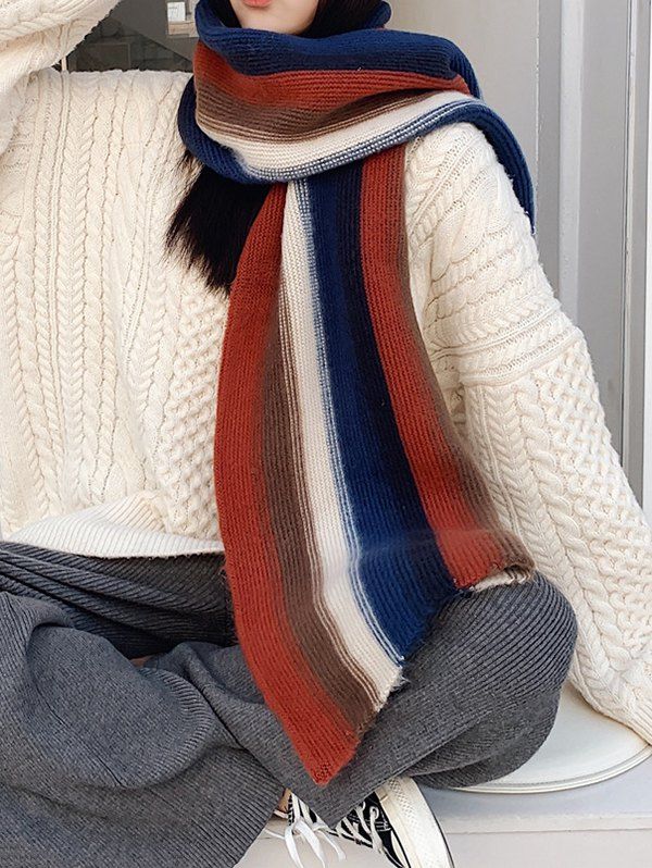 

Colorblock Striped Knit Scarf, Cadetblue