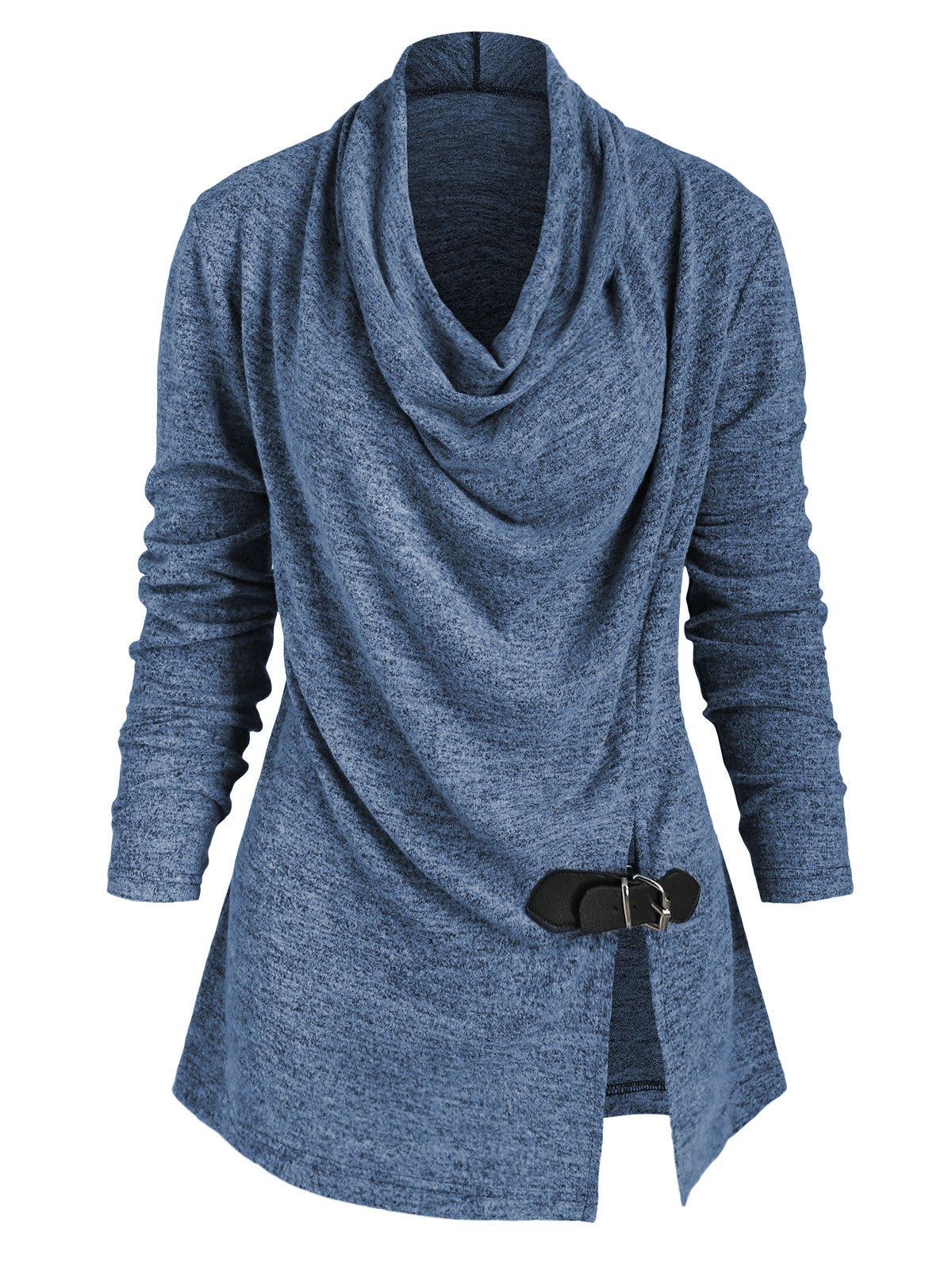 Heather Cowl Neck Slit Buckle Knitwear - LAPIS BLUE XL