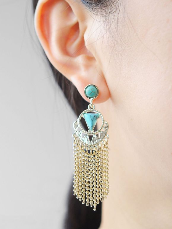 Boucles d'Oreilles Géométrique Evidées en Turquoise à Frange Style Bohémien - Or 