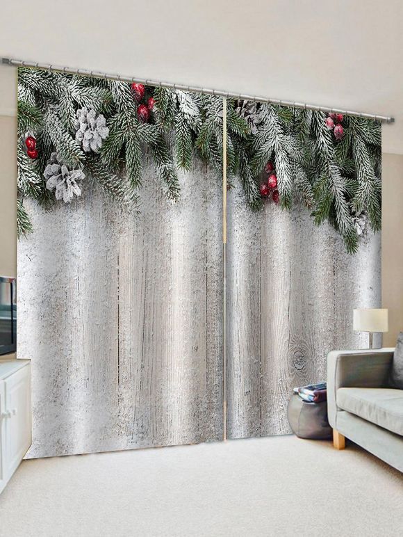 Rideaux de Fenêtre Motif Sapin de Noël et Grain de Bois 2 Panneaux - multicolor W33.5 X L79 INCH X 2PCS