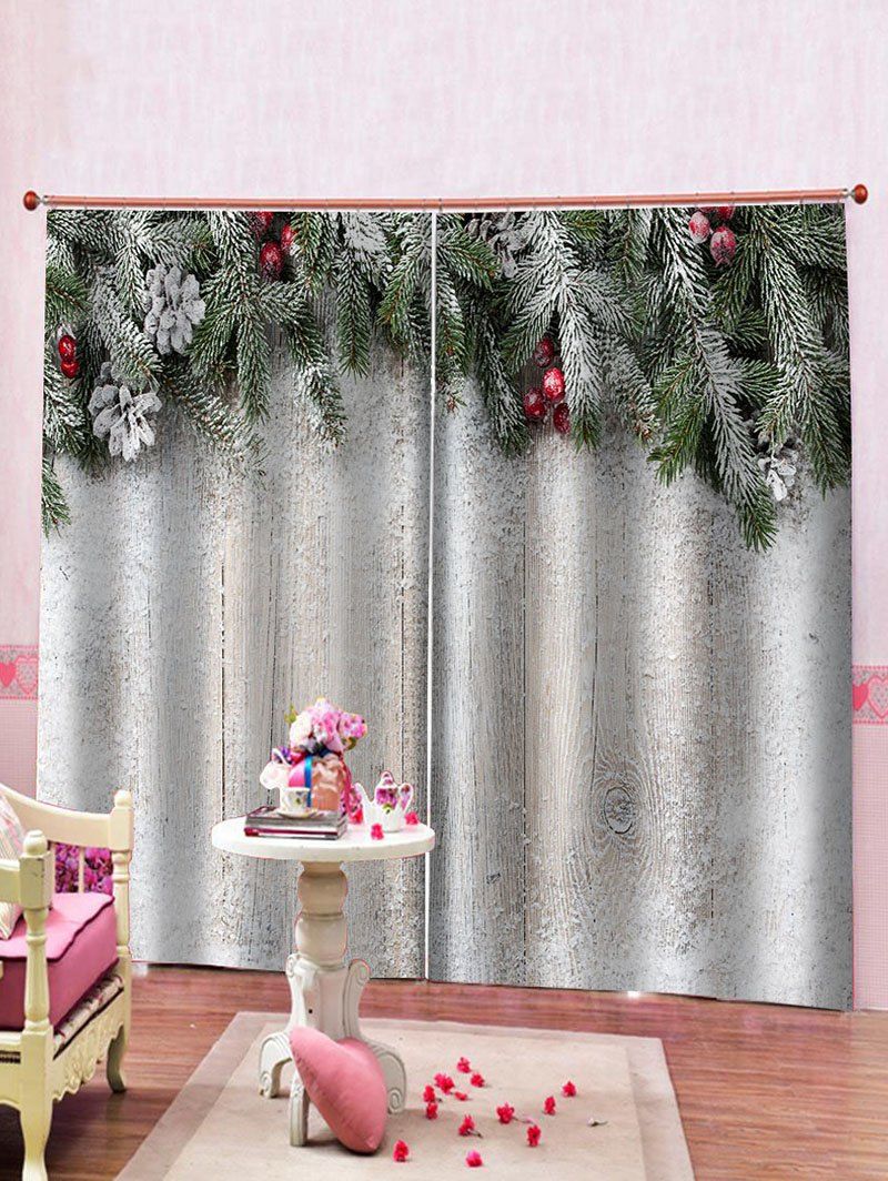 [35 OFF] 2020 2 Panels Christmas Tree Branch Wood Grain Pattern Window Curtains In Multicolor