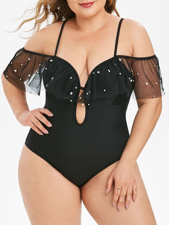 Plus Size Beading Mesh Flounce One-piece Swimsuit - BLACK 3X