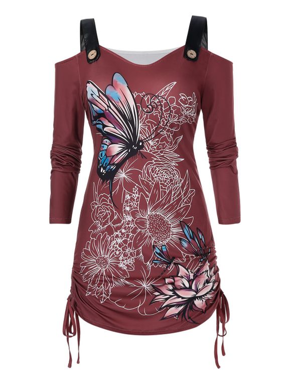 T-shirt Long Papillon Fleur à Epaule Dénudée de Grande Taille à Lacets - Rouge Vineux 5X
