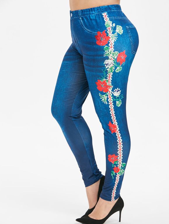 Legging 3D Fleuri à Taille Haute Grande Taille - Bleu Foncé Toile de Jean 5X