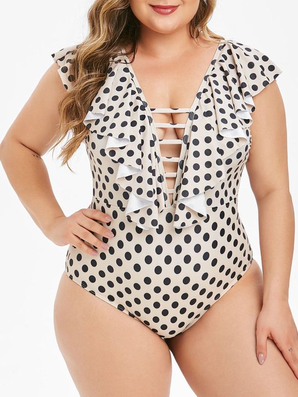 Plus Size Polka Dot Flounce Backless One-piece Swimsuit - LIGHT KHAKI 2X