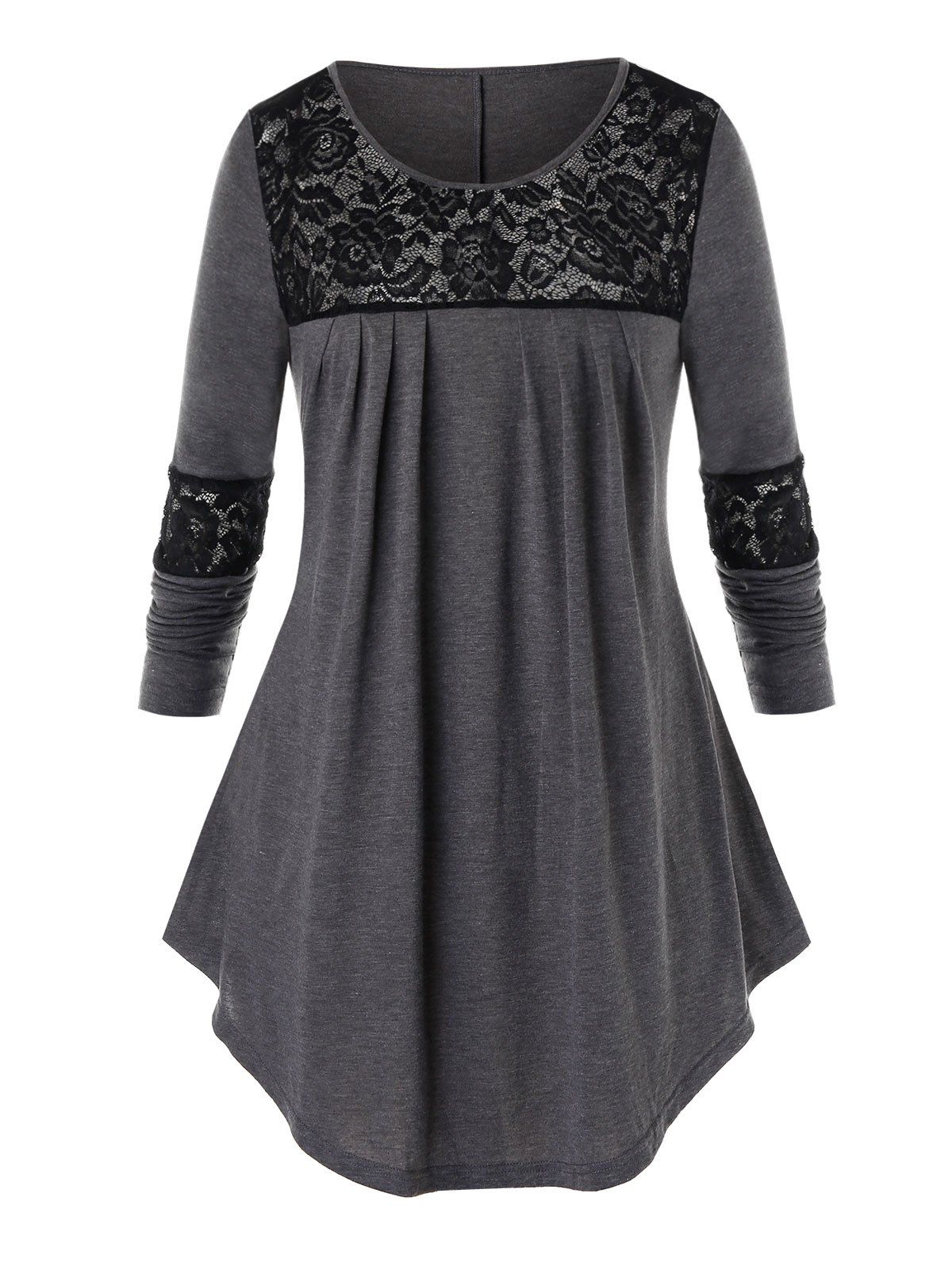 

Plus Size Floral Lace Panel Long Sleeve Tee, Carbon gray