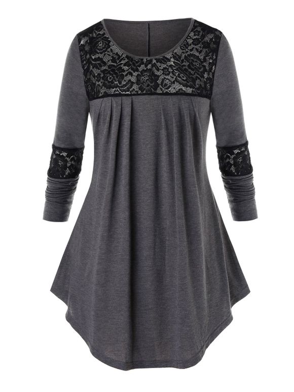 T-shirt Floral Panneau en Dentelle de Grande Taille à Manches Longues - Gris Carbone 4X