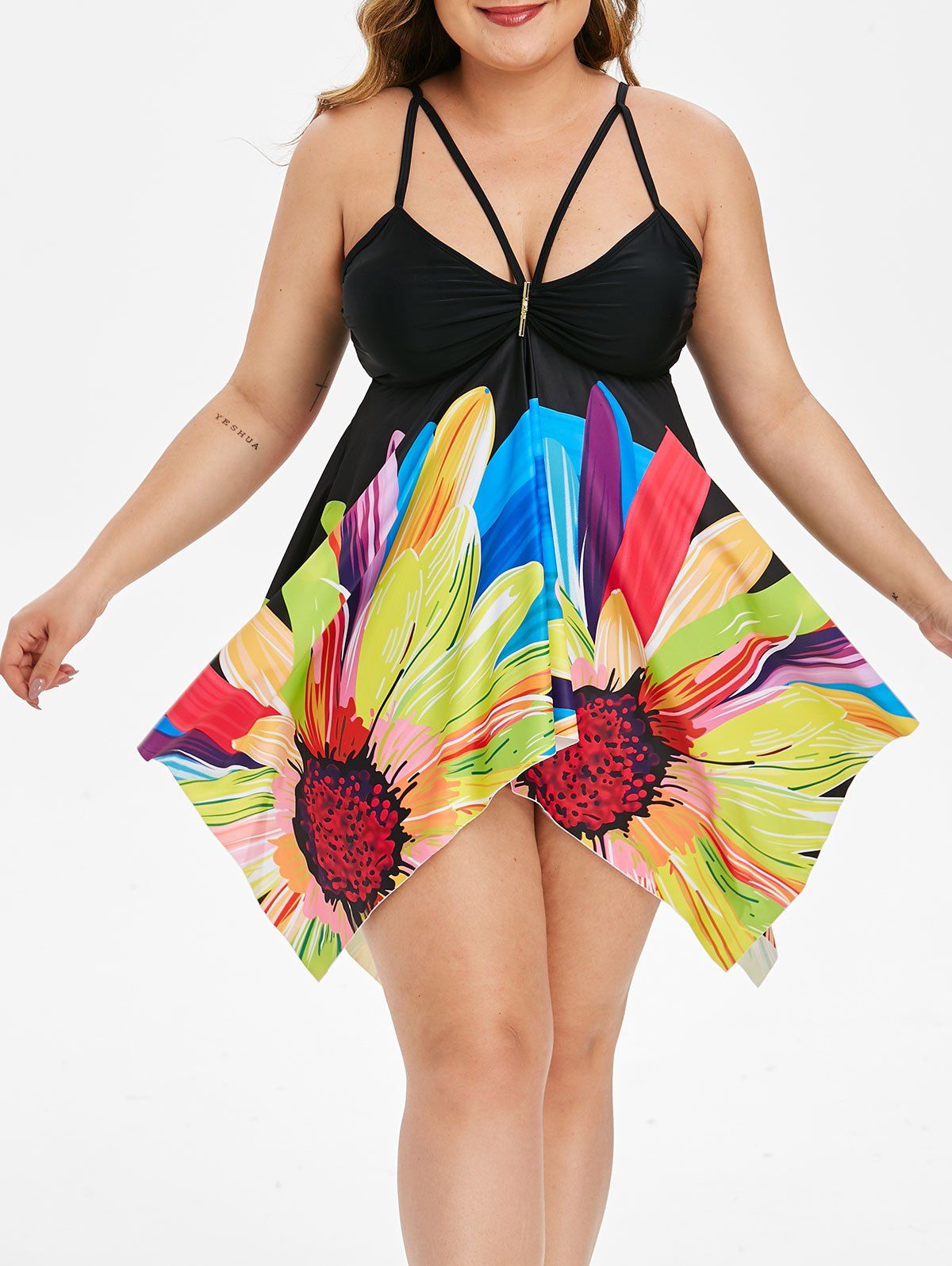 Floral Strappy Ruched Handkerchief Plus Size Tankini Swimsuit - BLACK L