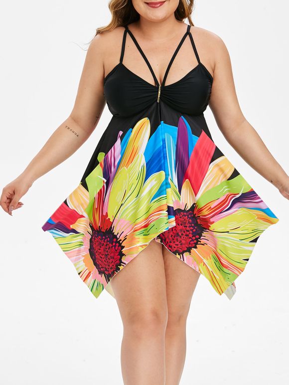 Floral Strappy Ruched Handkerchief Plus Size Tankini Swimsuit - BLACK 5X
