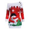 Sweat-shirt Imprimé Bonhomme de Neige et Sapin de Noël à Une Épaule Grande Taille - Rouge 1X