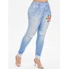 Legging Applique 3D Fleuri Brodé Grande Taille à Taille Haute - Bleu clair 2X