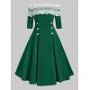 Robe Fleur en Dentelle Embelli de Bouton à Epaule Dénudée - Vert Forêt Moyen 2XL