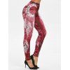 Legging Moulant Plume Imprimée à Taille Haute - Rouge XL