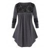 T-shirt Floral Panneau en Dentelle de Grande Taille à Manches Longues - Gris Carbone 4X