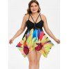 Floral Strappy Ruched Handkerchief Plus Size Tankini Swimsuit - BLACK L