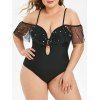 Maillot de Bain Perlé en Maille de Grande Taille à Volants Une-Pièce - Noir 1X