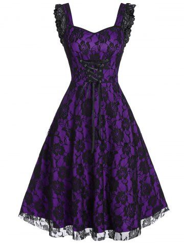 Lace-up A Line Sweetheart Collar Rose Lace Dress