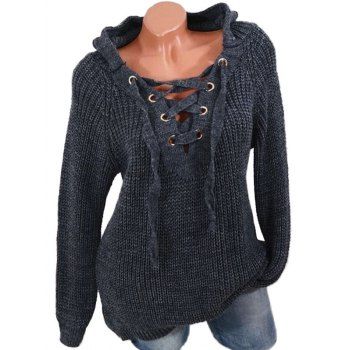 

Lace Up Solid Hooded Sweater, Gray