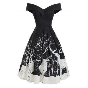 

Christmas Party Dress Santa Claus Musical Note Off Shoulder Dress, White