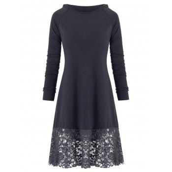 

Floral Lace Panel High Low Hooded Top, Gray