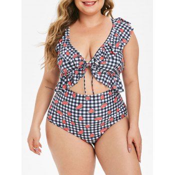 

Ruffle Gingham Watermelon Print Cutout Plus Size One-piece Swimsuit, Black