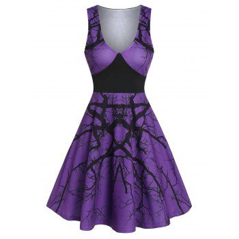 

Low Cut Branch Print A Line Dress, Purple iris