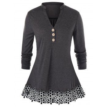 

Plus Size Flower Applique Hem Long Sleeve T-shirt, Gray