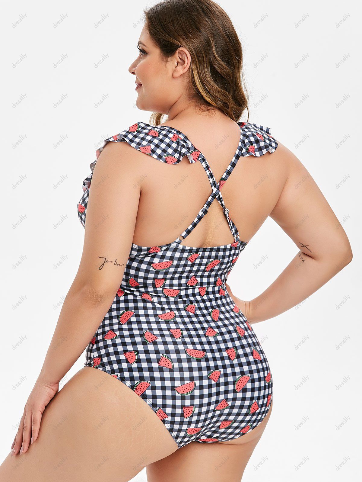 34 Off 2021 Ruffle Gingham Watermelon Print Cutout Plus Size One Piece Swimsuit In Black 3047