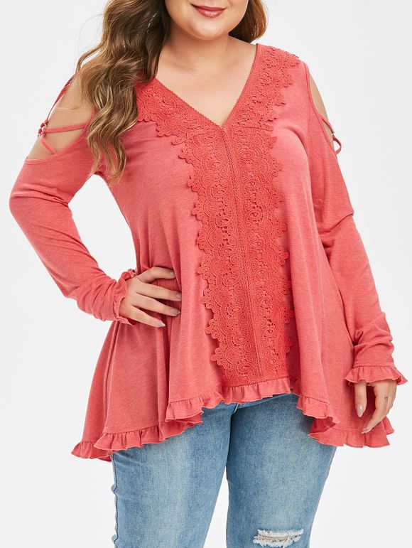 Plus Size Lace Applique froide épaule T-shirt Strappy - Rose Pastèque 1X