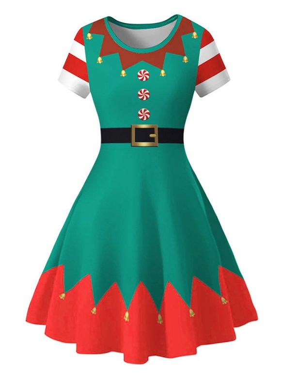 Robe Ajustée et Évasée Imprimée Cloches de Noël Grande-Taille - Vert 3X