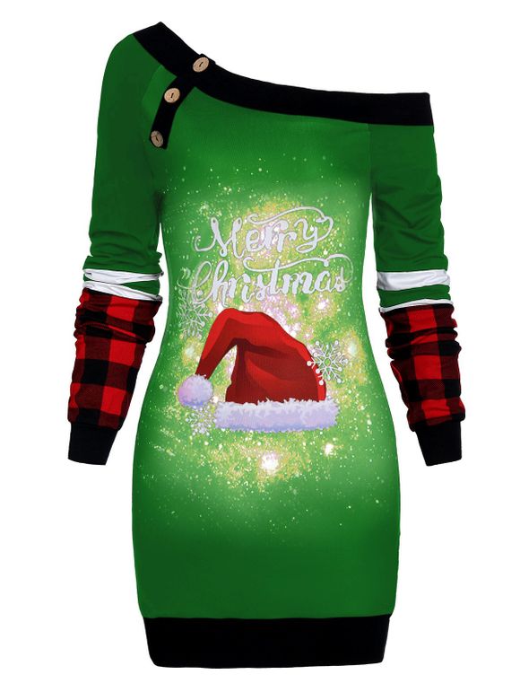 Robe Chapeau de Noël Imprimé à Col Oblique - Vert Foncé L