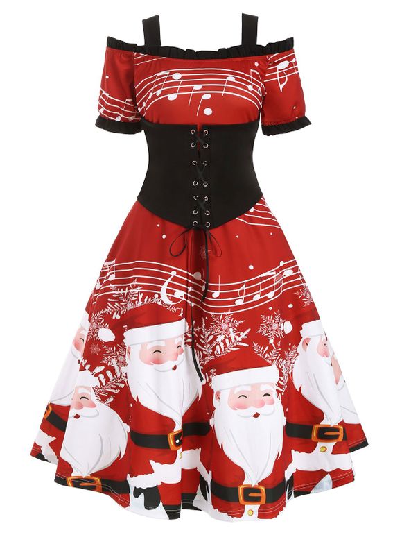 Père Noël Note musicale froide épaule dentelle Dress Up - Rouge M
