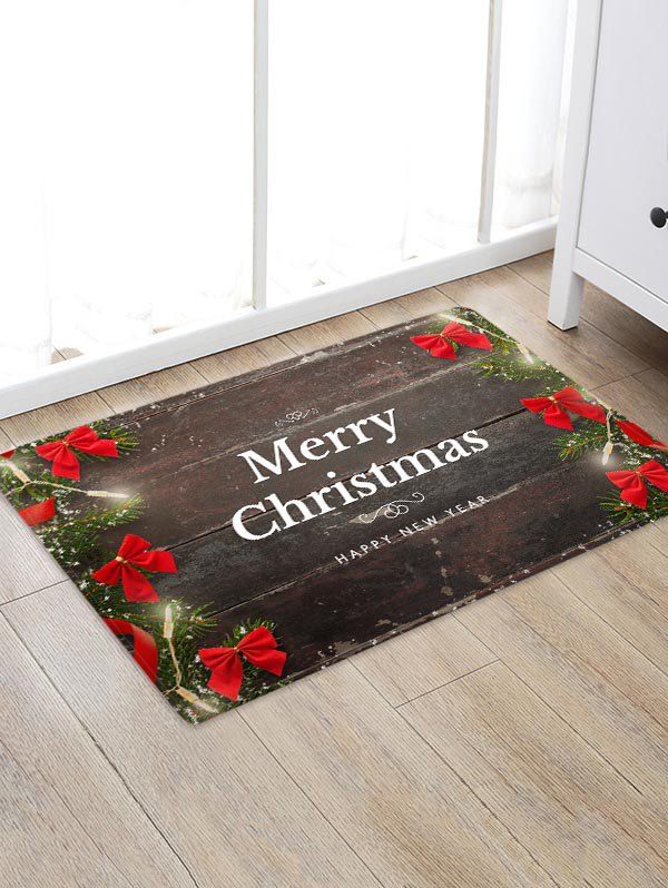 

Christmas Greeting Bowknot Wood Board Pattern Water Absorption Area Rug, Multi