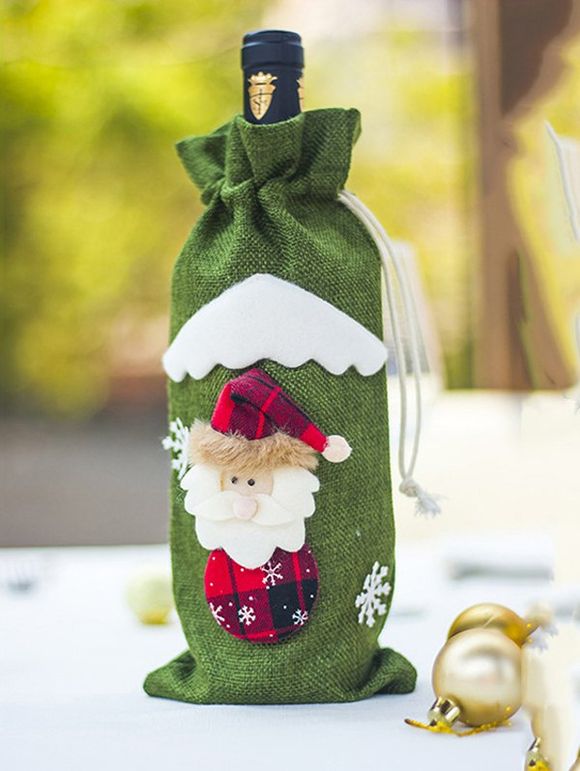 Couverture de Bouteille de Vin Motif Père Noël et Bonhomme de Neige à Cordon - Vert Tortue de Mer 