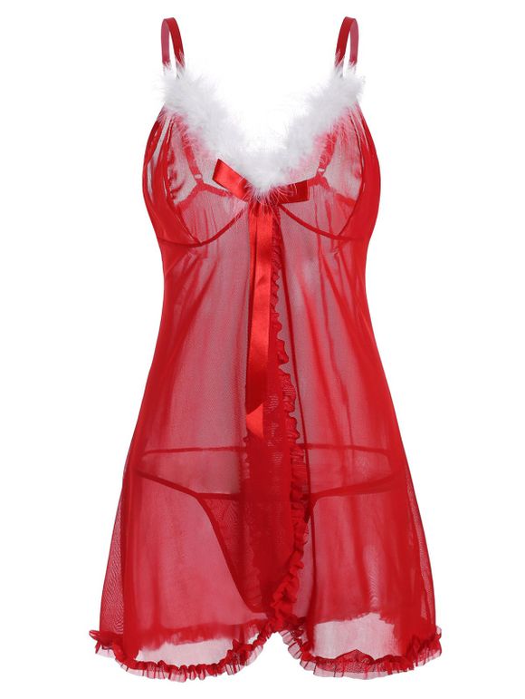 Noël bowknot Sheer Mesh Taille floue T Back Plus Babydoll - Rouge 2X