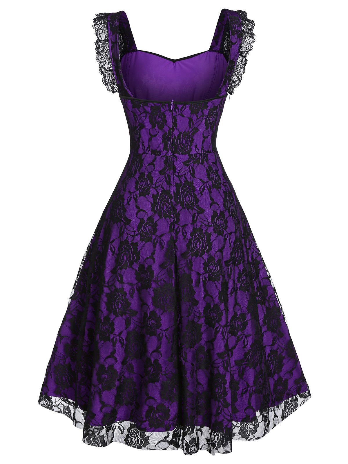 Lace-up A Line Sweetheart Collar Rose Lace Dress - EGGPLANT XL