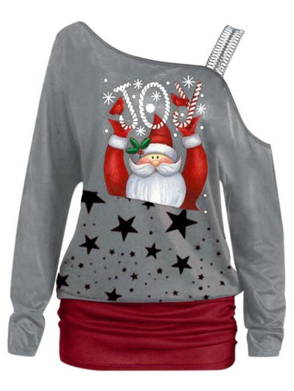 

Plus Size Skew Neck Santa Claus Print Christmas T Shirt, Gray