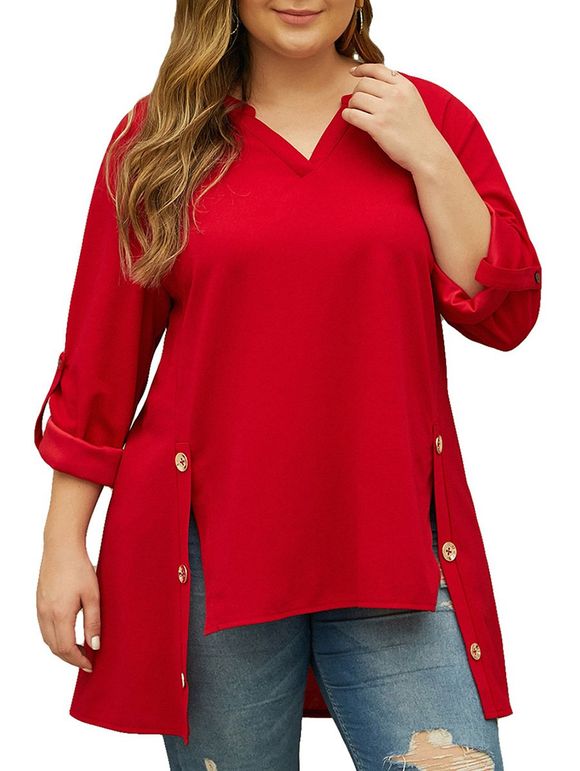 Haut Bas Côté boutonné Tab Sleeve Plus Size Blouse - Rouge 5X