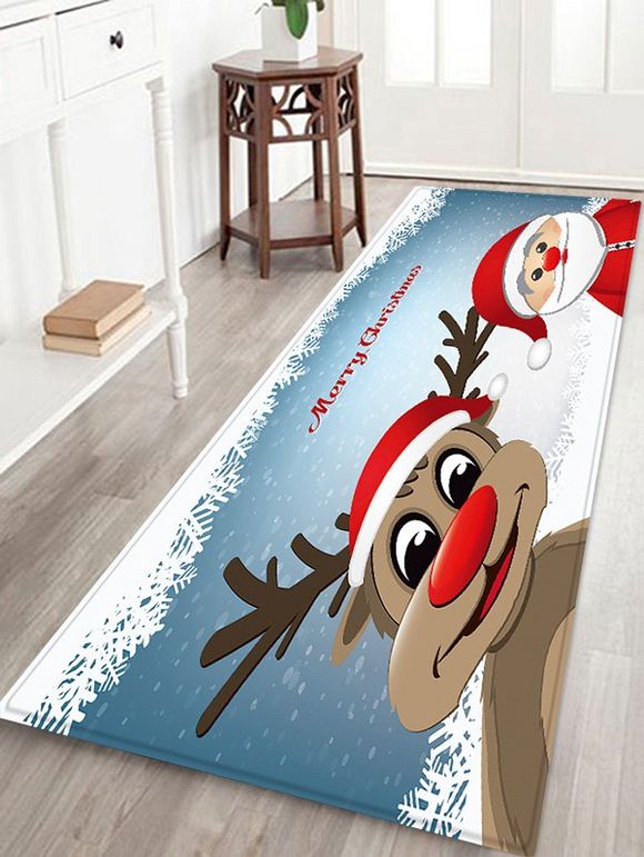 Tapis de Sol Absorption d'Eau Motif Père Noël Traîneau et Cerf - Bleu de Soie W16 X L47 INCH