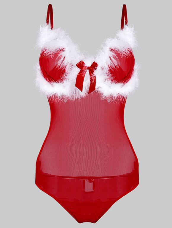 Sheer floue bowknot Mesh Christmas Plus Size Teddy - Rouge M