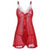 Noël bowknot Sheer Mesh Taille floue T Back Plus Babydoll - Rouge 2X
