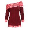 Christmas Elk Print Convertible Skew Neck Cable Knit Sweater - RED WINE M