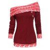 Pull Cerf de Noël Imprimé en Tricot à câble à Col Oblique Convertible - Rouge Vineux 3XL