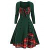 Robe Superposée à Carreaux Embelli de Bouton avec Nœud Papillon - Vert profond S