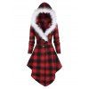 Manteau à Capuche à Carreaux Imprimé en Fausse Fourrure à Lacets - Rouge Lave L